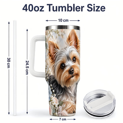 #pl[40oz|White] Yorkshire Terrier Floral 40oz Tumbler, Botanical Dog Artwork