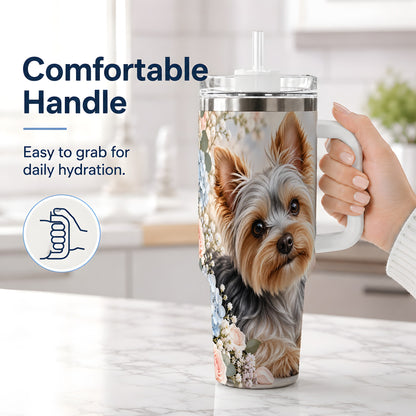 #pl[40oz|White] Yorkshire Terrier Floral 40oz Tumbler, Botanical Dog Artwork