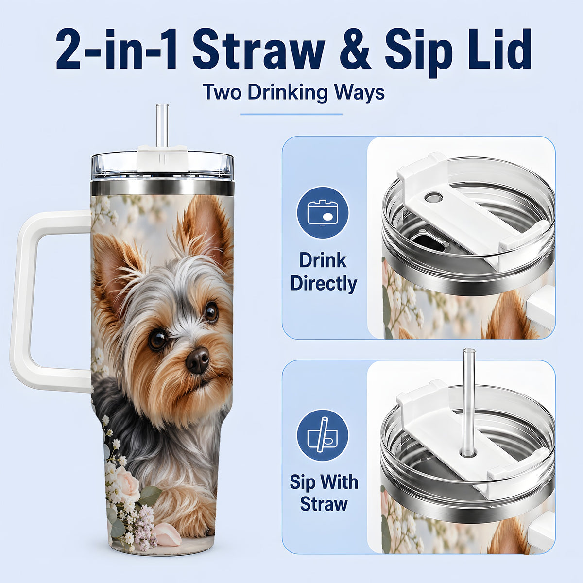 #pl[40oz|White] Yorkshire Terrier Floral 40oz Tumbler, Botanical Dog Artwork