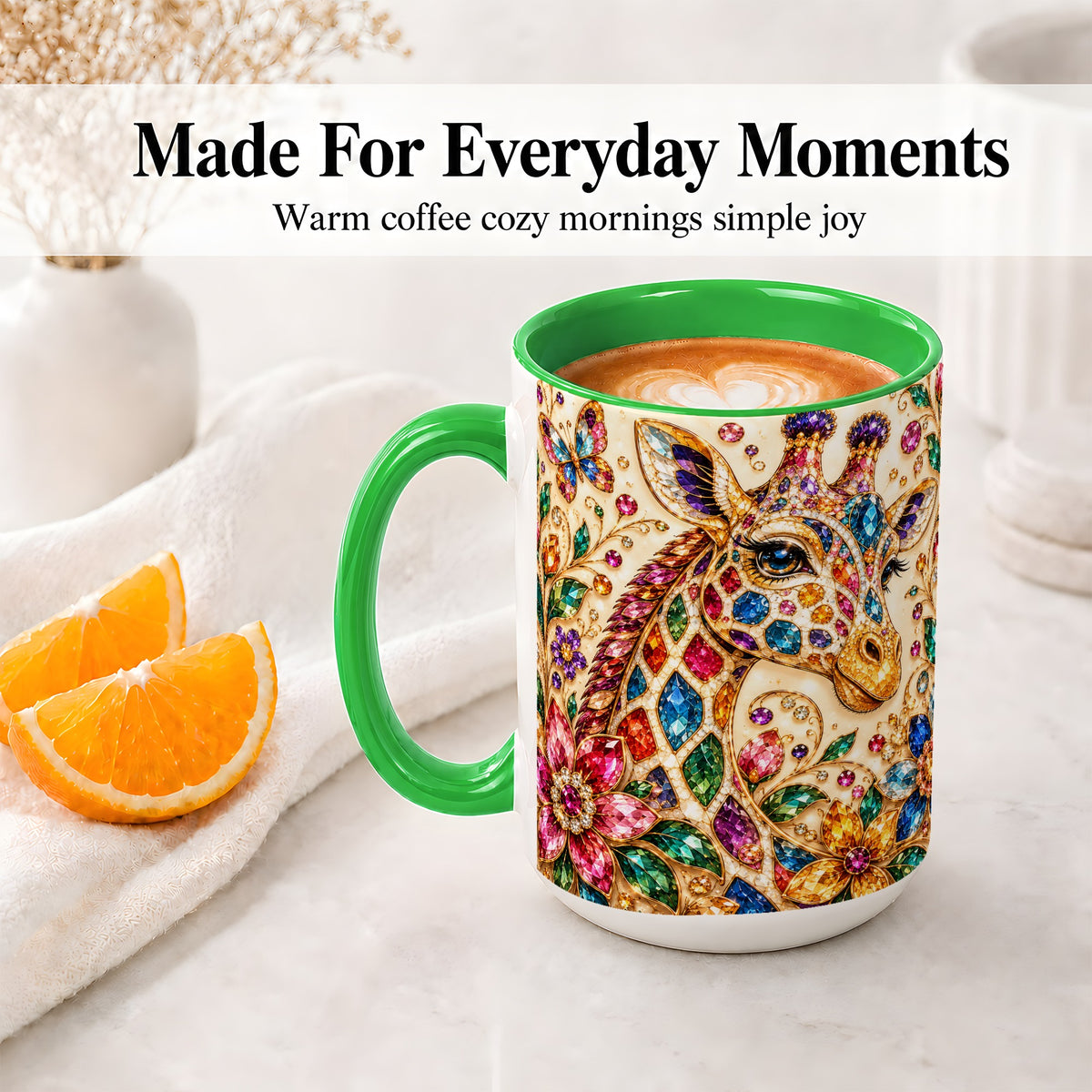 #pl[15oz|Green] Gem Style Giraffe Floral Ceramic Mug, Colorful Botanical Art