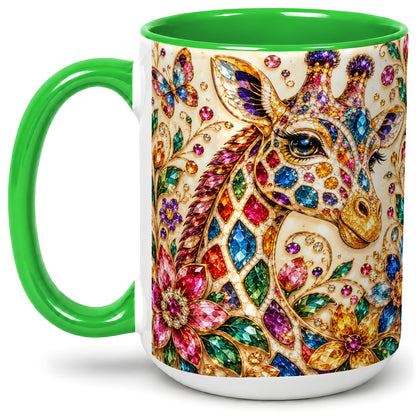 #pl[15oz|Green] Gem Style Giraffe Floral Ceramic Mug, Colorful Botanical Art