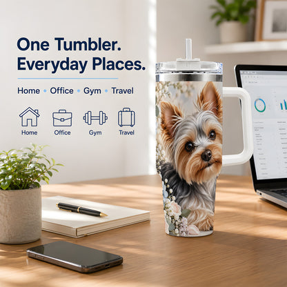 Yorkshire Terrier Floral 40oz Tumbler, Botanical Dog Artwork