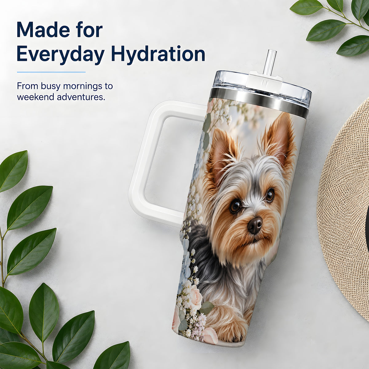Yorkshire Terrier Floral 40oz Tumbler, Botanical Dog Artwork