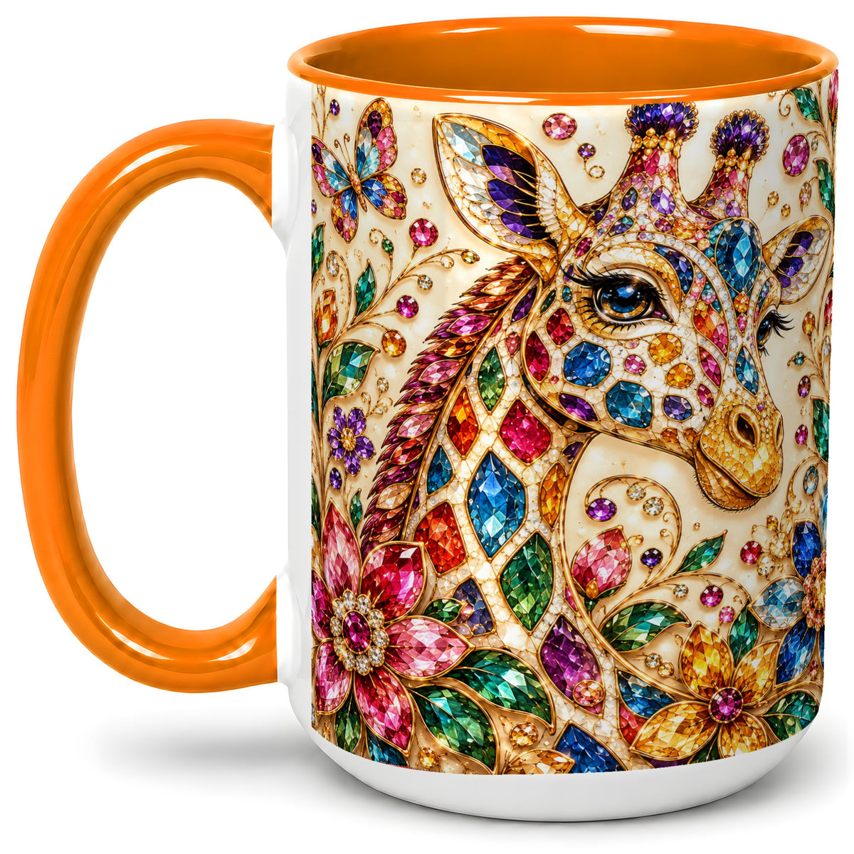 #pl[15oz|Orange] Gem Style Giraffe Floral Ceramic Mug, Colorful Botanical Art