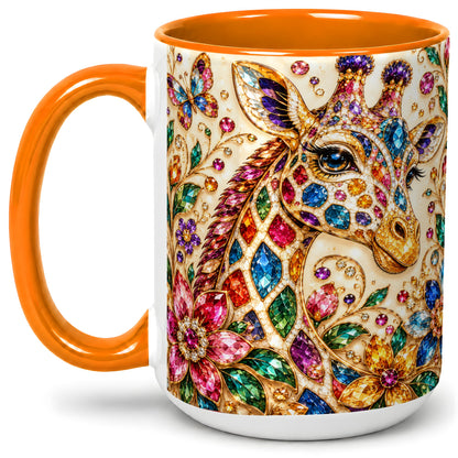 #pl[15oz|Orange] Gem Style Giraffe Floral Ceramic Mug, Colorful Botanical Art