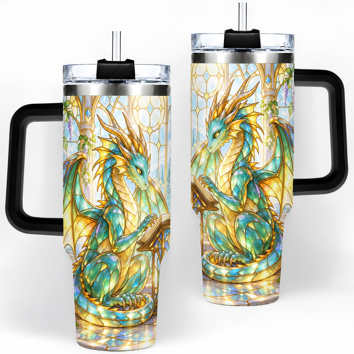 #pl[40oz|Black] Stained Glass Style Dragon 40oz Tumbler, Stainless Steel Drinkware
