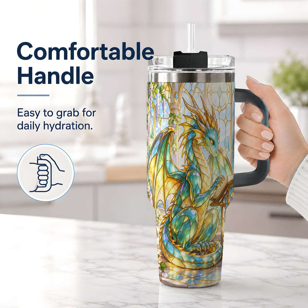 #pl[40oz|Black] Stained Glass Style Dragon 40oz Tumbler, Stainless Steel Drinkware