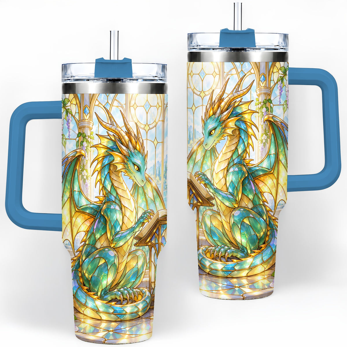 #pl[40oz|Blue] Stained Glass Style Dragon 40oz Tumbler, Stainless Steel Drinkware