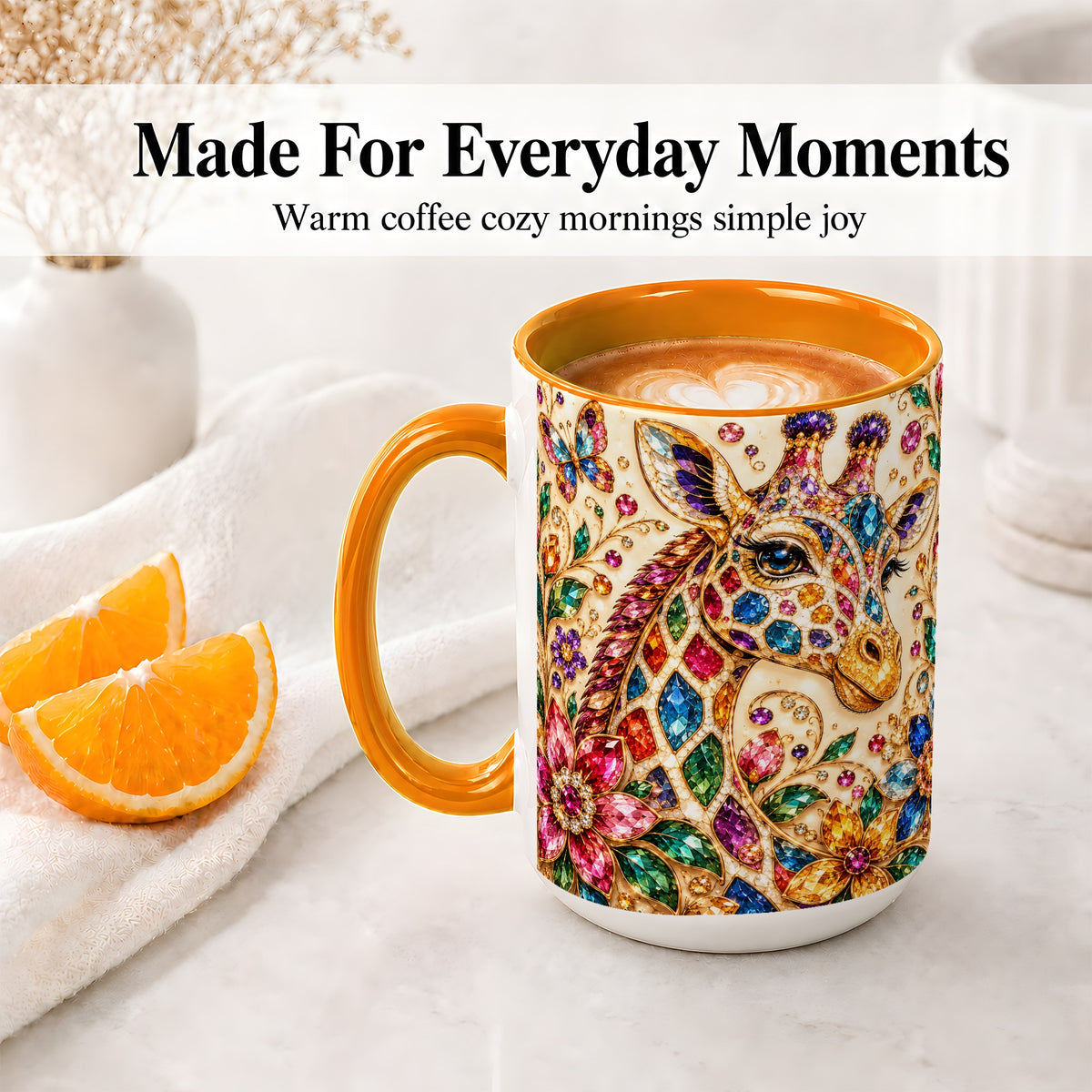 #pl[15oz|Orange] Gem Style Giraffe Floral Ceramic Mug, Colorful Botanical Art