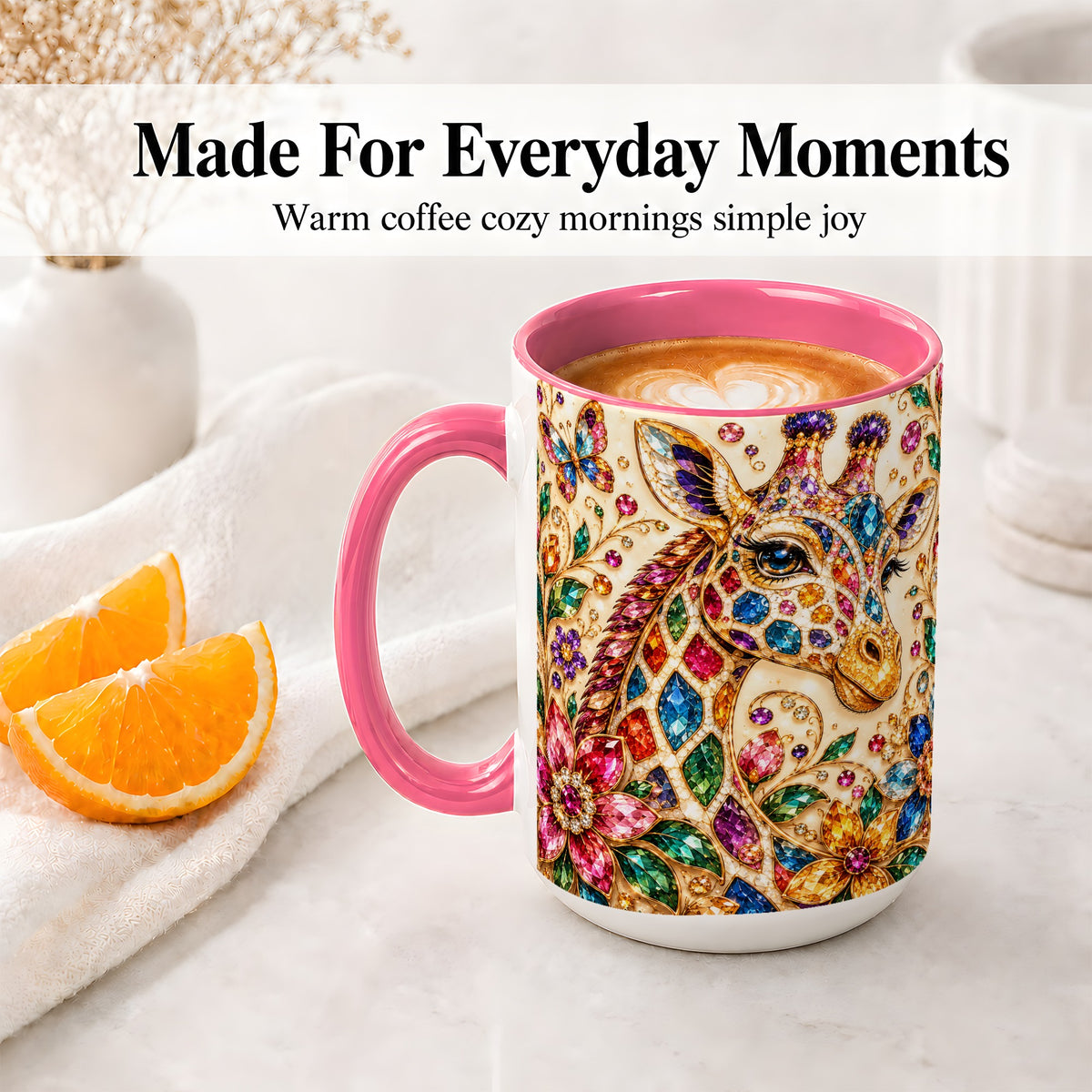 #pl[15oz|Pink] Gem Style Giraffe Floral Ceramic Mug, Colorful Botanical Art