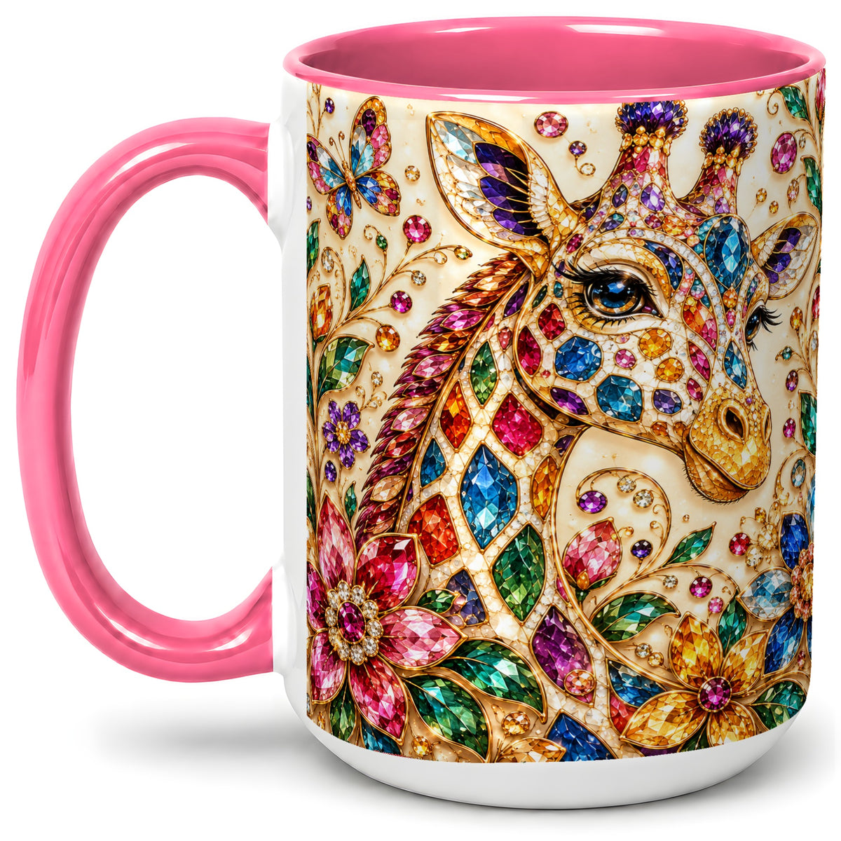 #pl[15oz|Pink] Gem Style Giraffe Floral Ceramic Mug, Colorful Botanical Art
