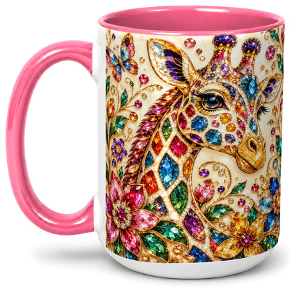 #pl[15oz|Pink] Gem Style Giraffe Floral Ceramic Mug, Colorful Botanical Art