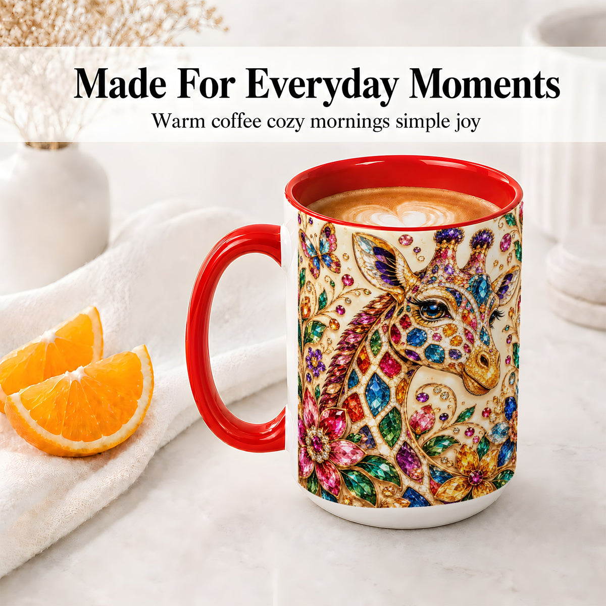#pl[15oz|Red] Gem Style Giraffe Floral Ceramic Mug, Colorful Botanical Art