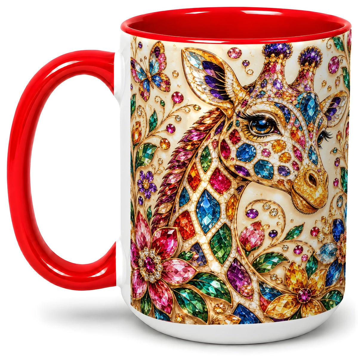 #pl[15oz|Red] Gem Style Giraffe Floral Ceramic Mug, Colorful Botanical Art