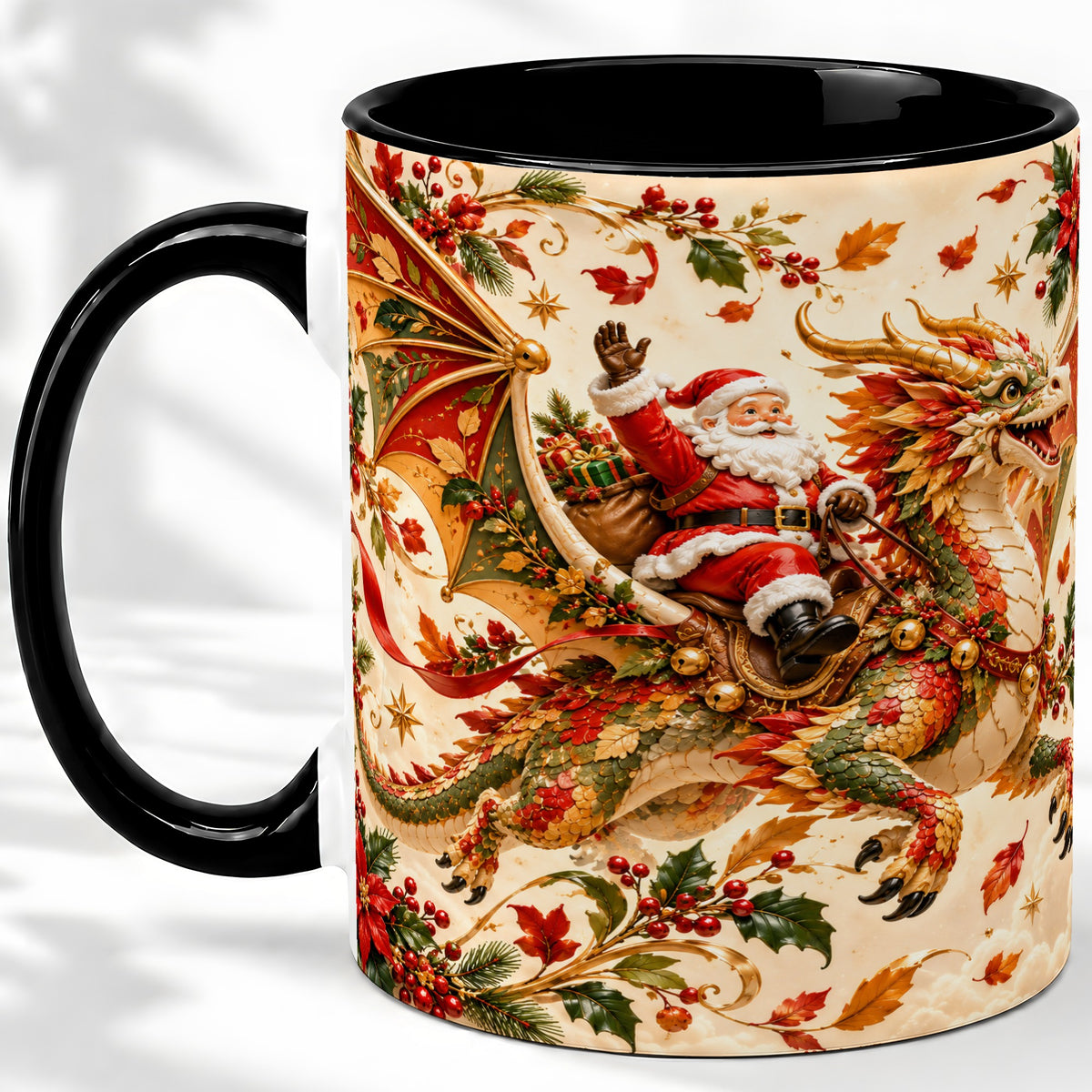 #pl[11oz|Black] Santa Dragon Christmas Ceramic Mug, Festive Holiday Artwork