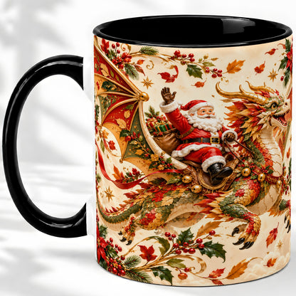 #pl[11oz|Black] Santa Dragon Christmas Ceramic Mug, Festive Holiday Artwork