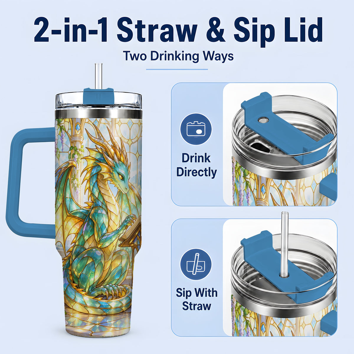#pl[40oz|Blue] Stained Glass Style Dragon 40oz Tumbler, Stainless Steel Drinkware