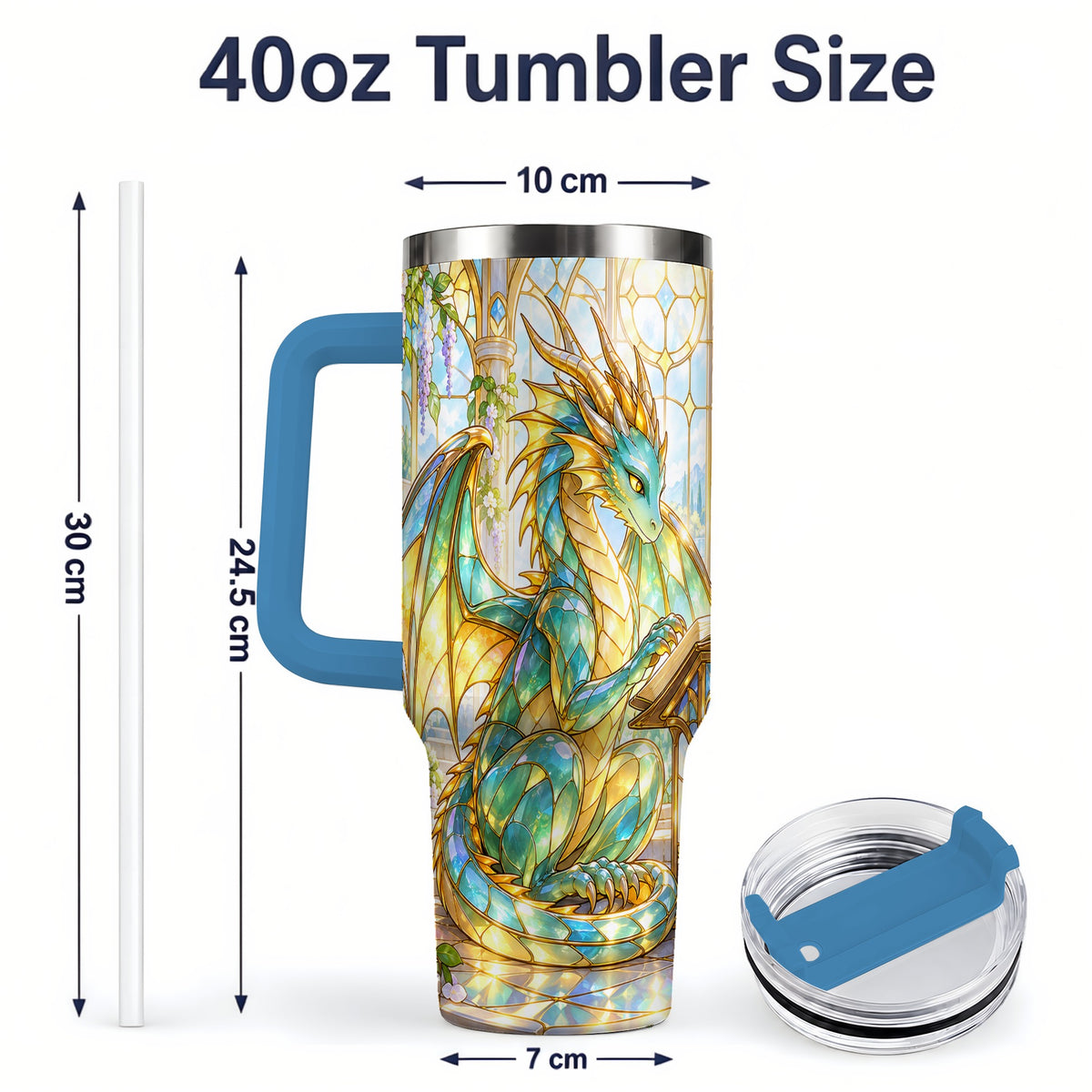 #pl[40oz|Blue] Stained Glass Style Dragon 40oz Tumbler, Stainless Steel Drinkware