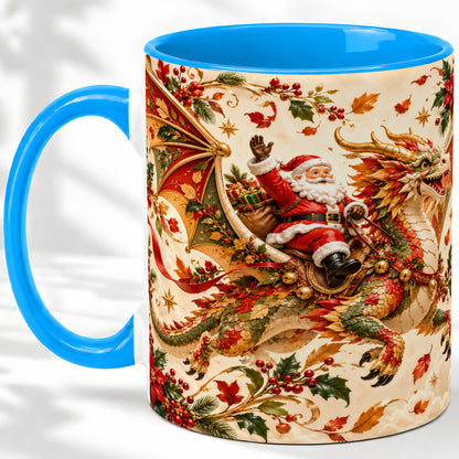 #pl[11oz|Blue] Santa Dragon Christmas Ceramic Mug, Festive Holiday Artwork