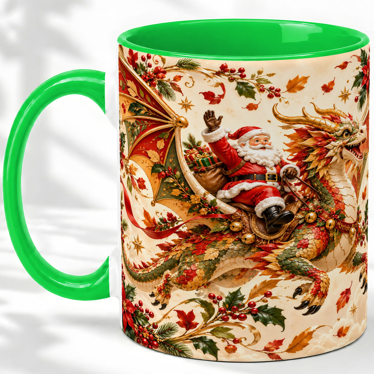 #pl[11oz|Green] Santa Dragon Christmas Ceramic Mug, Festive Holiday Artwork