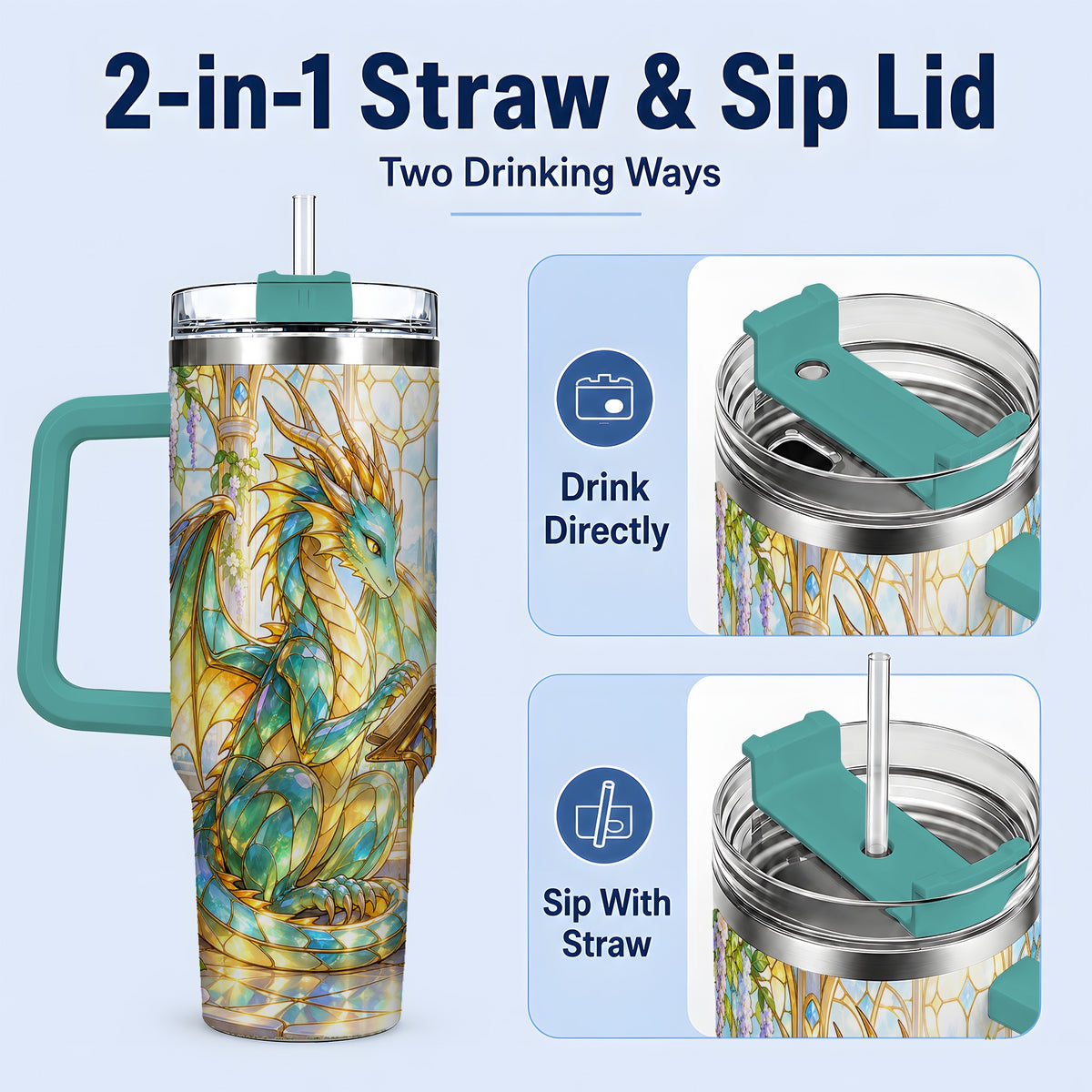 #pl[40oz|Green] Stained Glass Style Dragon 40oz Tumbler, Stainless Steel Drinkware