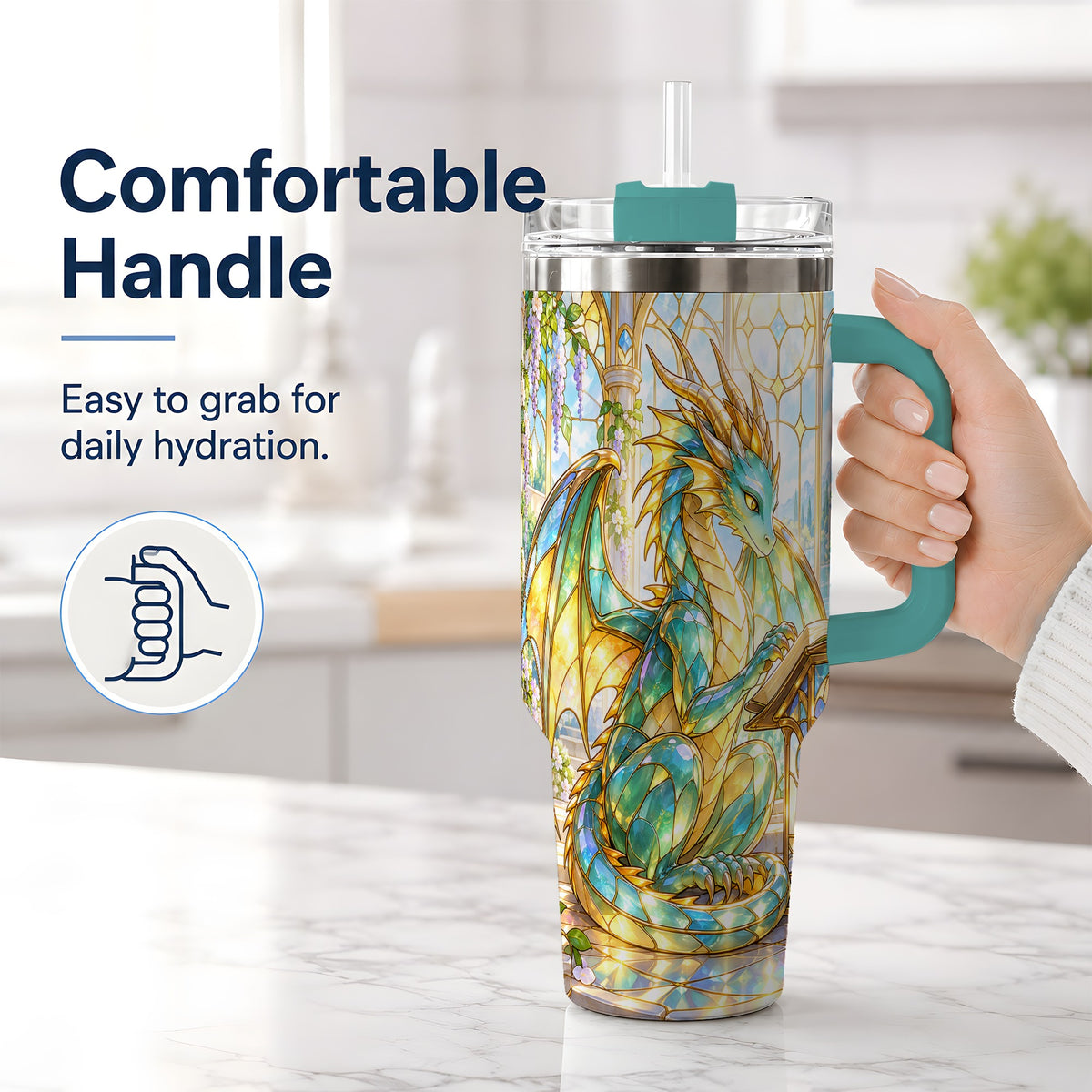 #pl[40oz|Green] Stained Glass Style Dragon 40oz Tumbler, Stainless Steel Drinkware