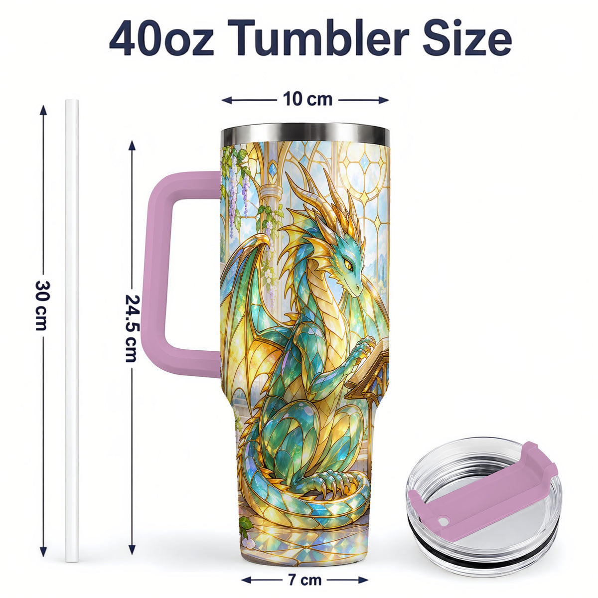 #pl[40oz|Pink] Stained Glass Style Dragon 40oz Tumbler, Stainless Steel Drinkware