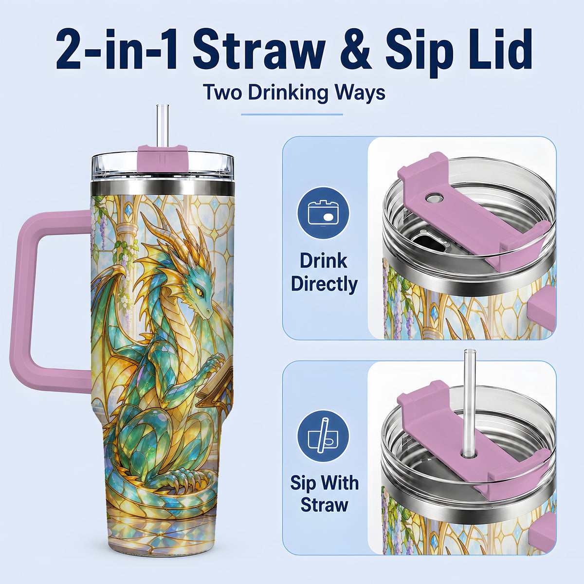 #pl[40oz|Pink] Stained Glass Style Dragon 40oz Tumbler, Stainless Steel Drinkware