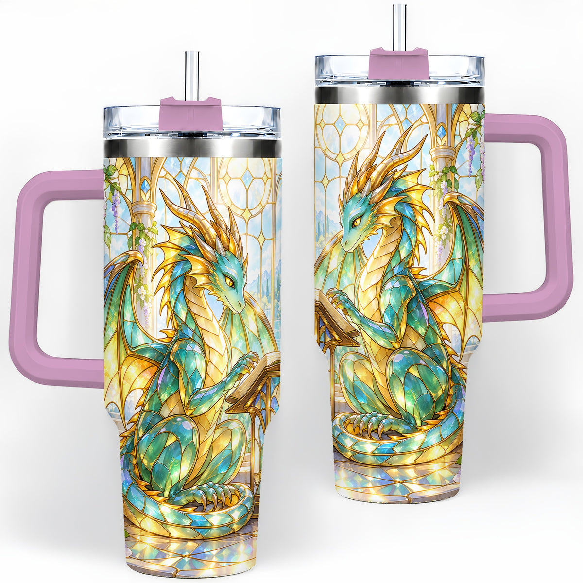 #pl[40oz|Pink] Stained Glass Style Dragon 40oz Tumbler, Stainless Steel Drinkware