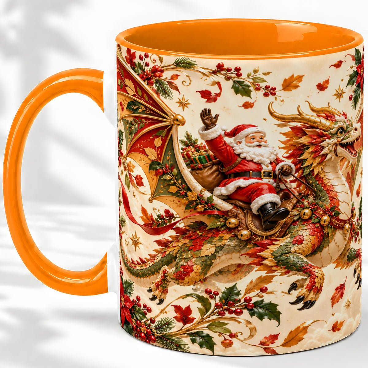 #pl[11oz|Orange] Santa Dragon Christmas Ceramic Mug, Festive Holiday Artwork