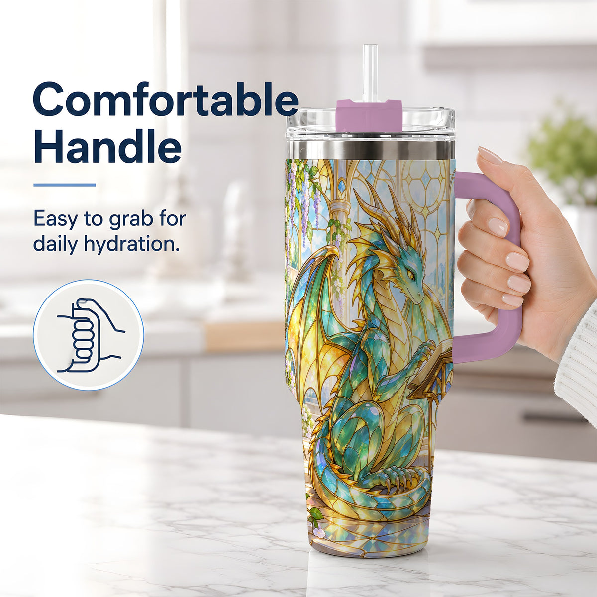 #pl[40oz|Pink] Stained Glass Style Dragon 40oz Tumbler, Stainless Steel Drinkware