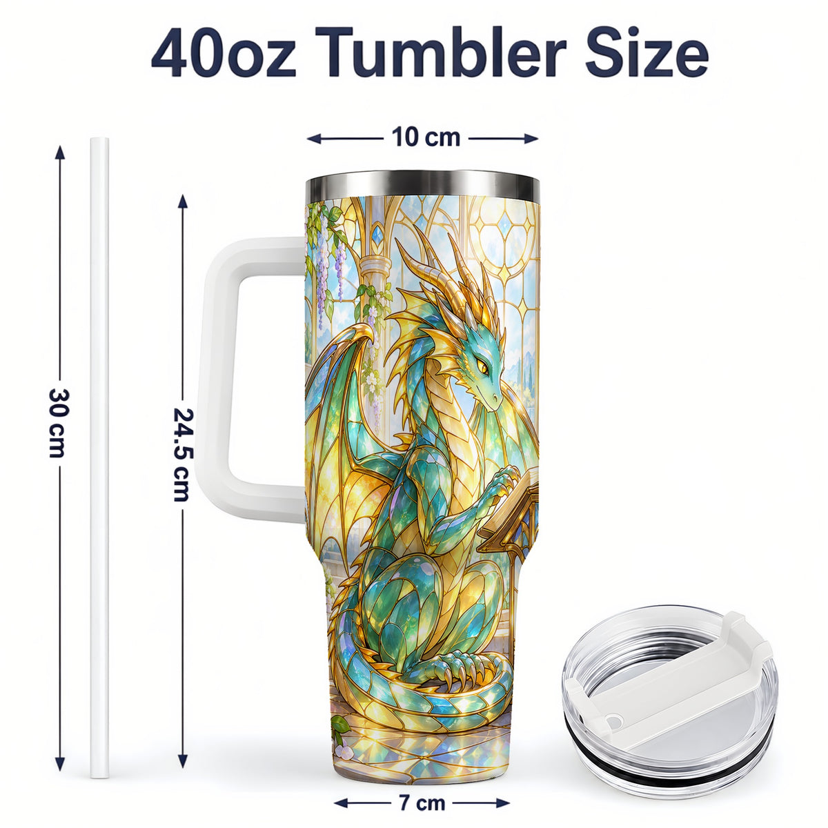 #pl[40oz|White] Stained Glass Style Dragon 40oz Tumbler, Stainless Steel Drinkware