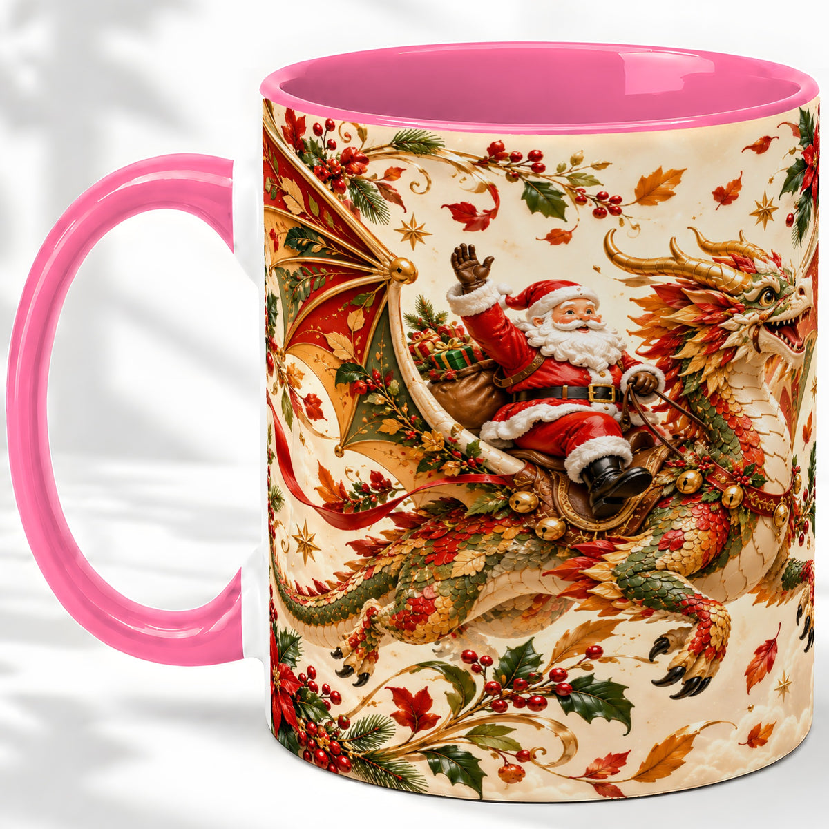 #pl[11oz|Pink] Santa Dragon Christmas Ceramic Mug, Festive Holiday Artwork