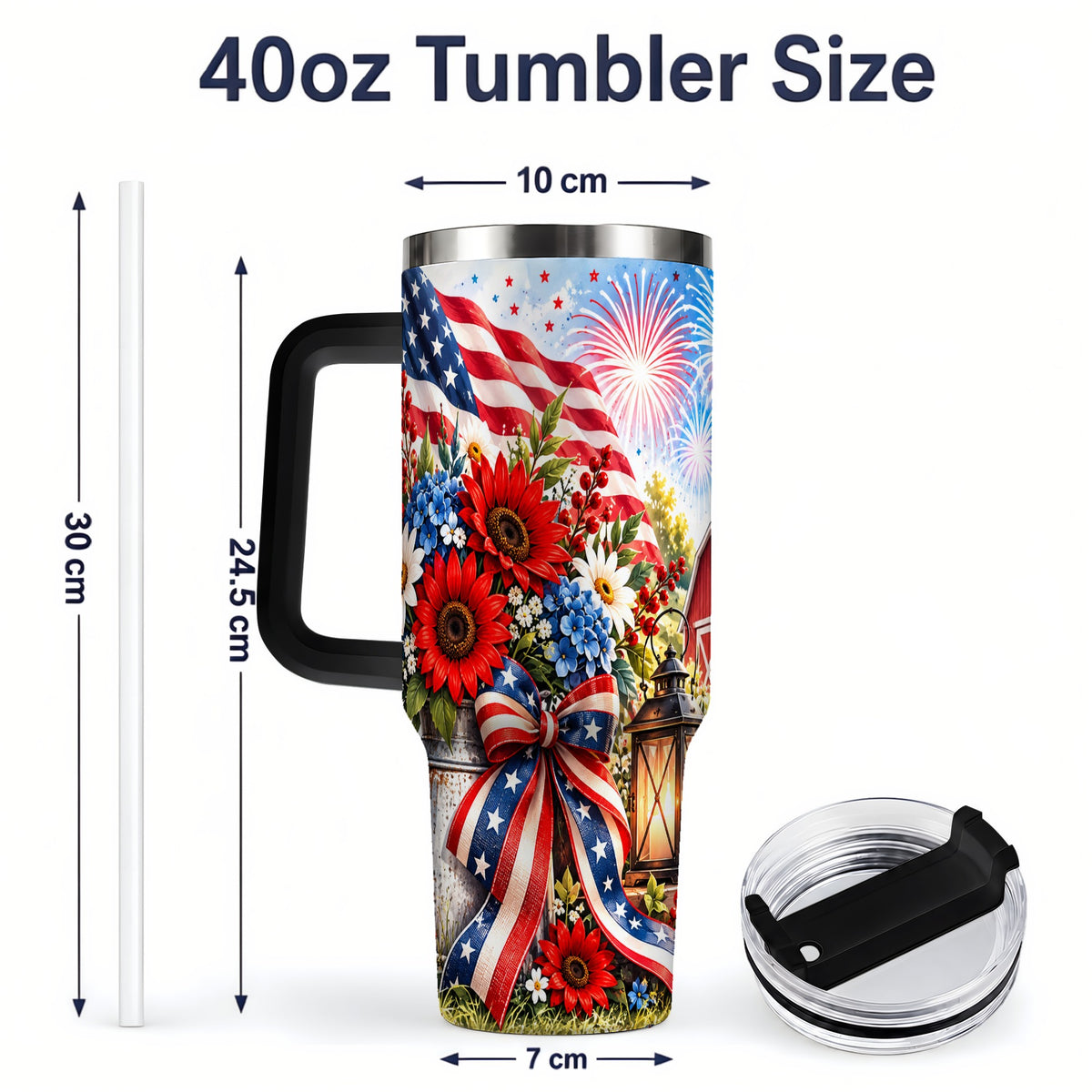 #pl[40oz|Black] Patriotic Floral 40oz Tumbler, Stainless Steel Americana Drinkware