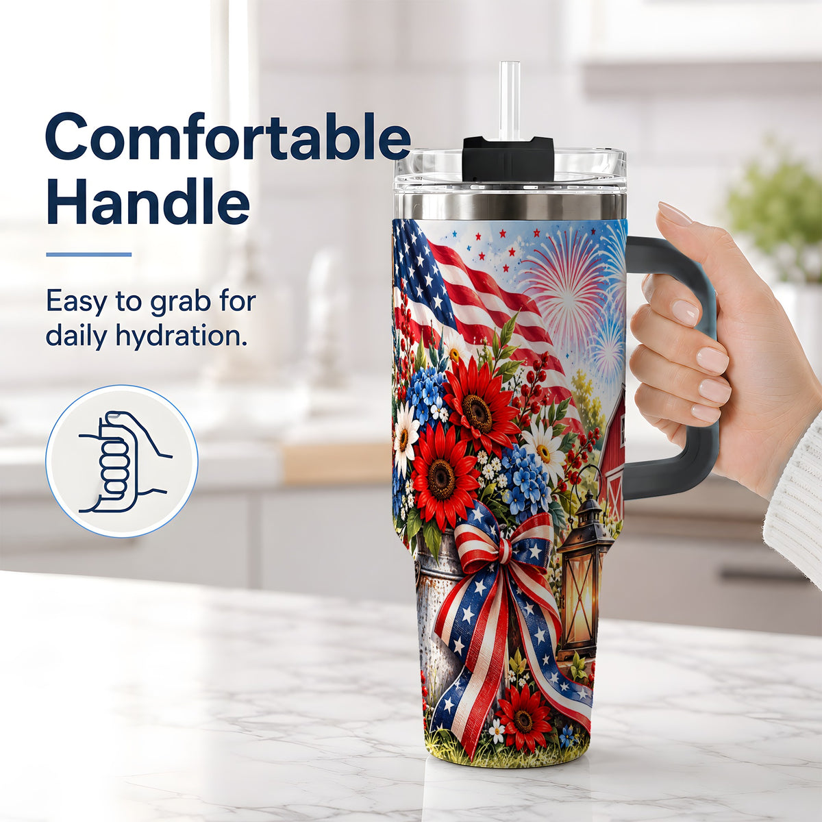#pl[40oz|Black] Patriotic Floral 40oz Tumbler, Stainless Steel Americana Drinkware