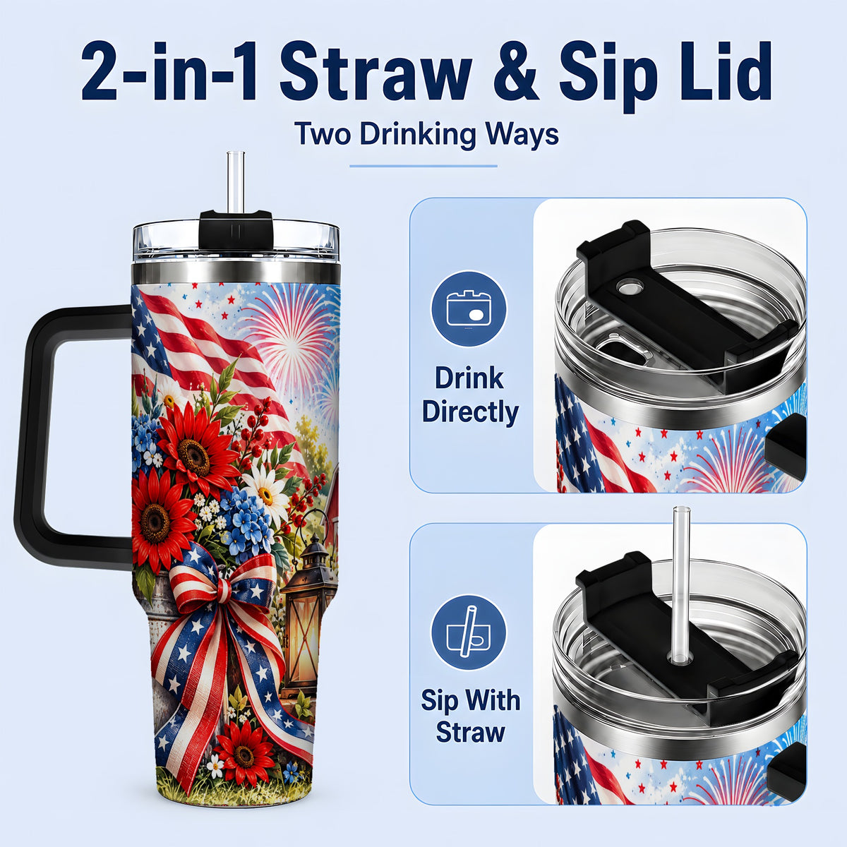 #pl[40oz|Black] Patriotic Floral 40oz Tumbler, Stainless Steel Americana Drinkware