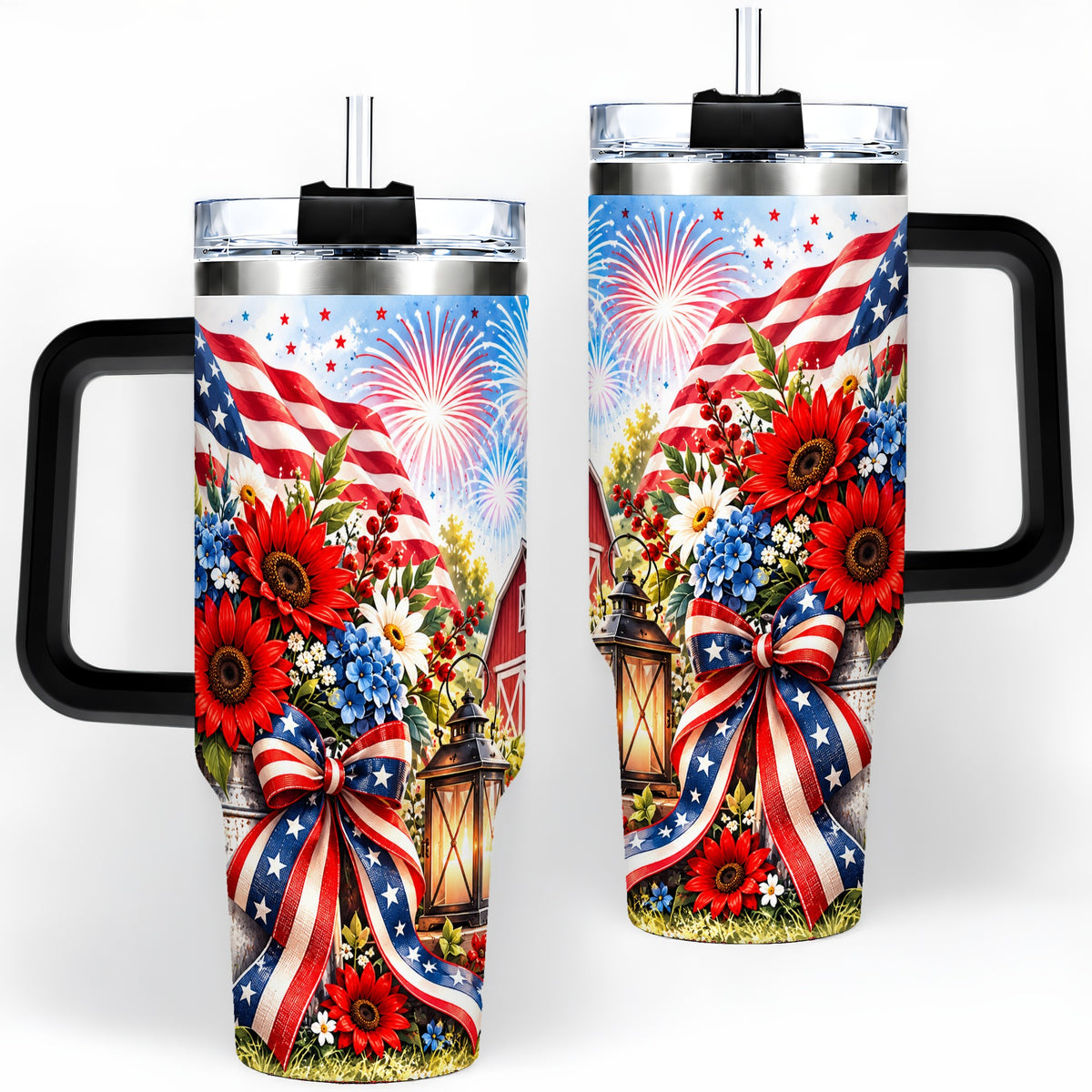 #pl[40oz|Black] Patriotic Floral 40oz Tumbler, Stainless Steel Americana Drinkware