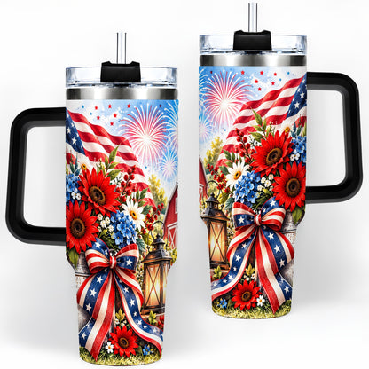 #pl[40oz|Black] Patriotic Floral 40oz Tumbler, Stainless Steel Americana Drinkware
