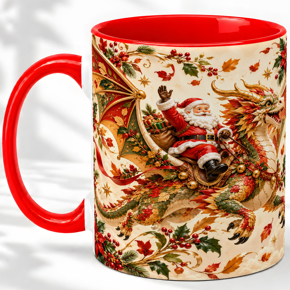 Santa Dragon Christmas Ceramic Mug, Festive Holiday Artwork