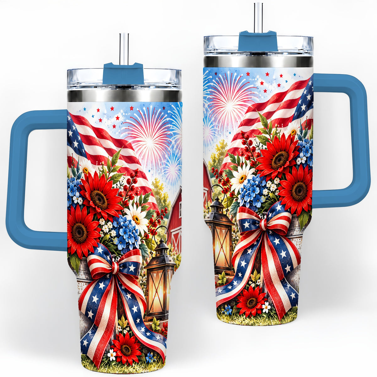 #pl[40oz|Blue] Patriotic Floral 40oz Tumbler, Stainless Steel Americana Drinkware