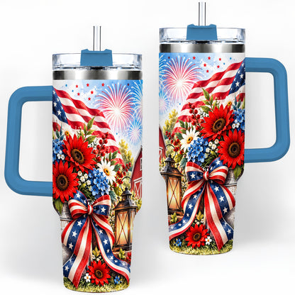 #pl[40oz|Blue] Patriotic Floral 40oz Tumbler, Stainless Steel Americana Drinkware