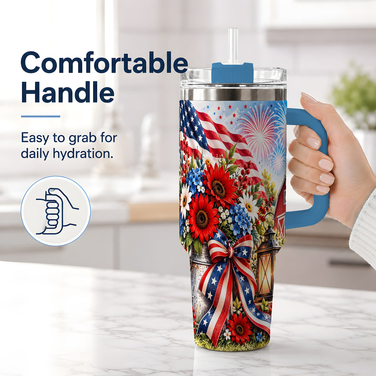 #pl[40oz|Blue] Patriotic Floral 40oz Tumbler, Stainless Steel Americana Drinkware
