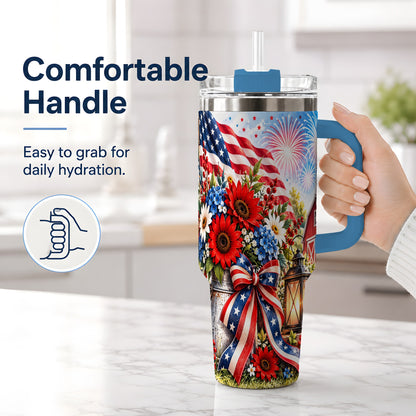 #pl[40oz|Blue] Patriotic Floral 40oz Tumbler, Stainless Steel Americana Drinkware