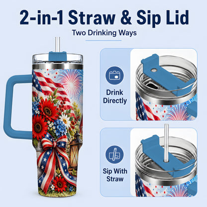 #pl[40oz|Blue] Patriotic Floral 40oz Tumbler, Stainless Steel Americana Drinkware