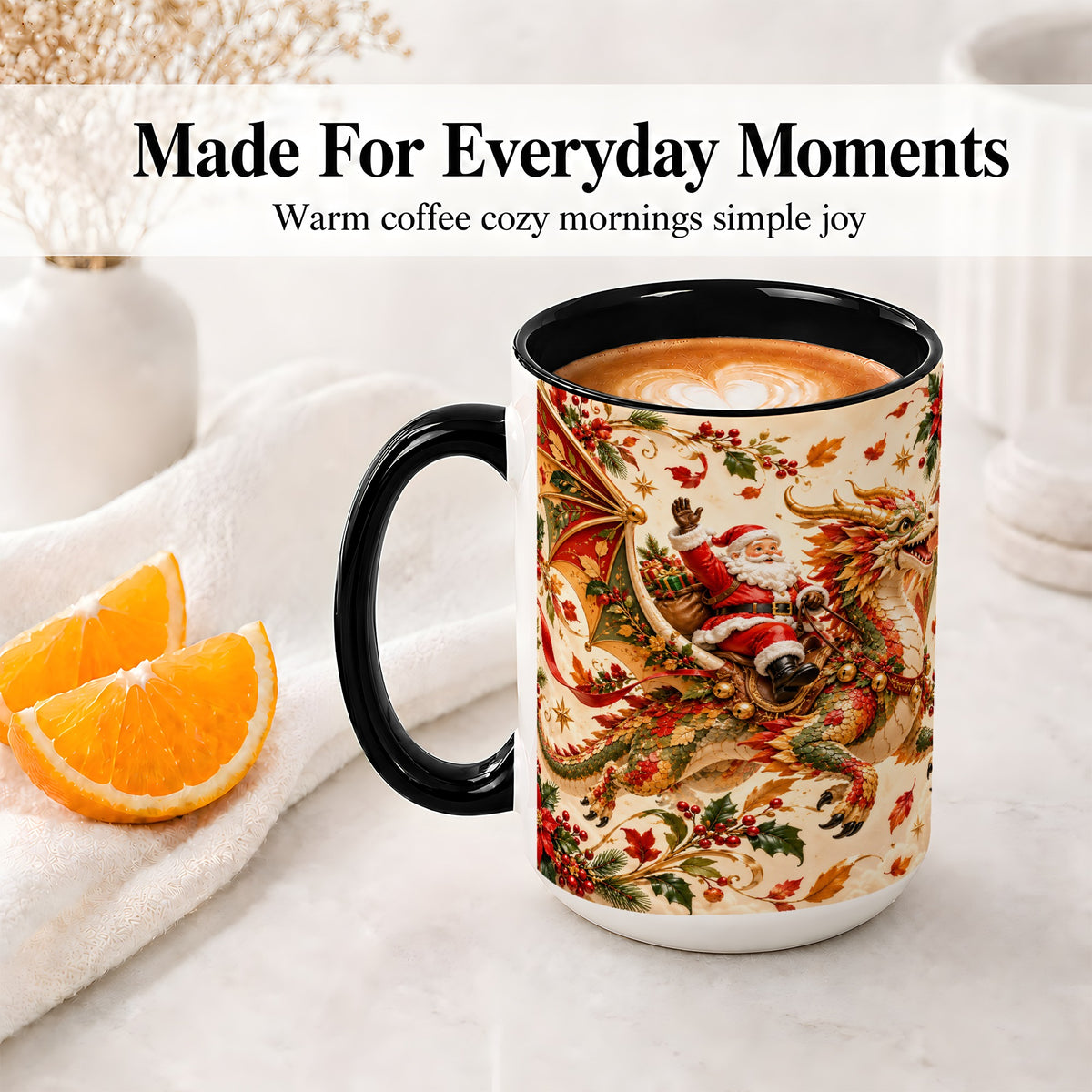 #pl[15oz|Black] Santa Dragon Christmas Ceramic Mug, Festive Holiday Artwork