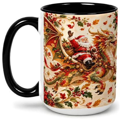 #pl[15oz|Black] Santa Dragon Christmas Ceramic Mug, Festive Holiday Artwork
