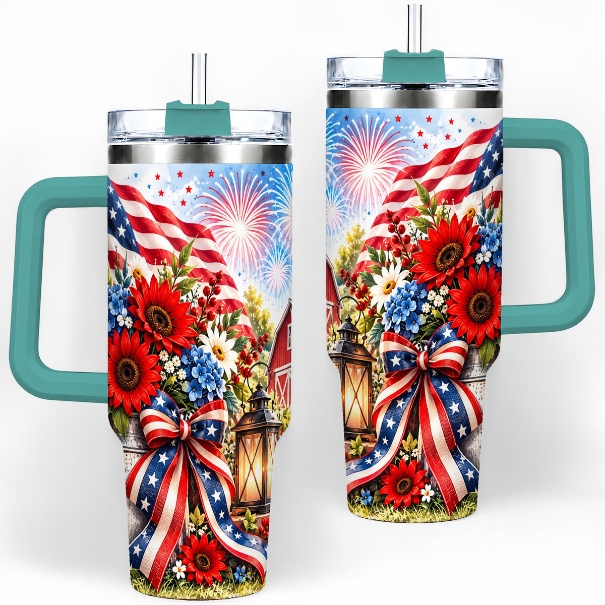 #pl[40oz|Green] Patriotic Floral 40oz Tumbler, Stainless Steel Americana Drinkware