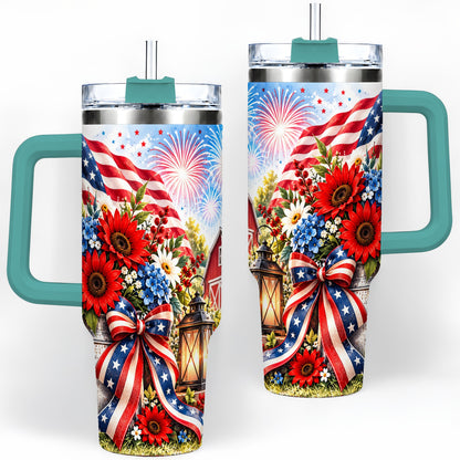 #pl[40oz|Green] Patriotic Floral 40oz Tumbler, Stainless Steel Americana Drinkware