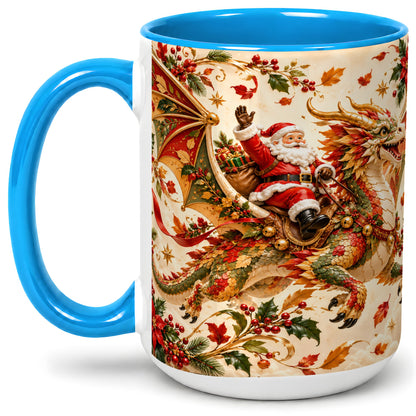 #pl[15oz|Blue] Santa Dragon Christmas Ceramic Mug, Festive Holiday Artwork
