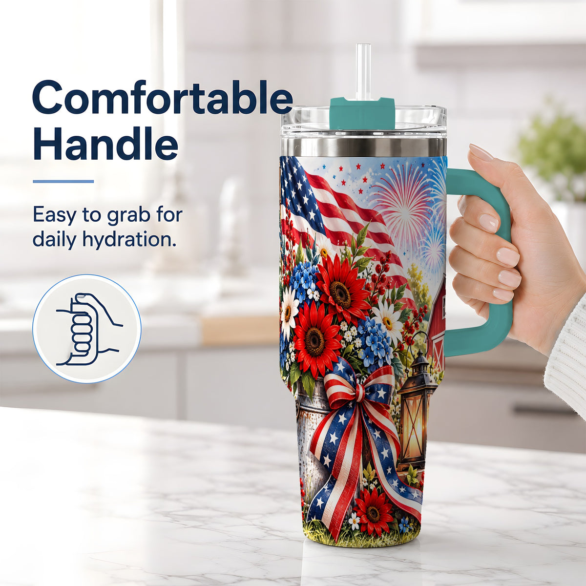 #pl[40oz|Green] Patriotic Floral 40oz Tumbler, Stainless Steel Americana Drinkware